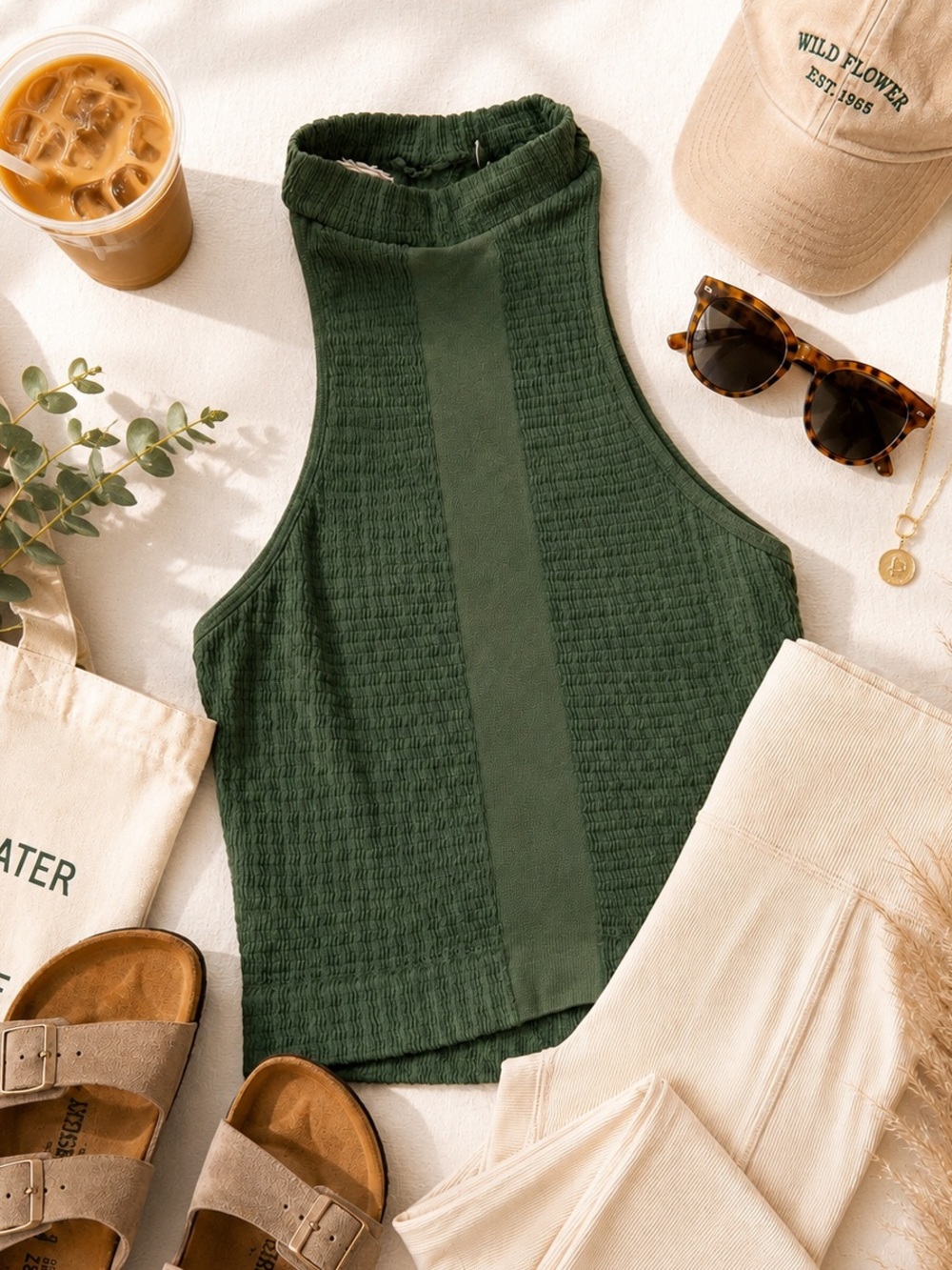 Free People Intimately Olive Green Textured Mock Neck Cropped Tank Top XS/S